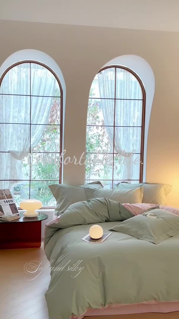 91家纺网 家纺一手货源 找家纺 秀色2025高端50支加厚陶瓷磨毛全棉四件套奶油风瑞妮青提绿+奶油