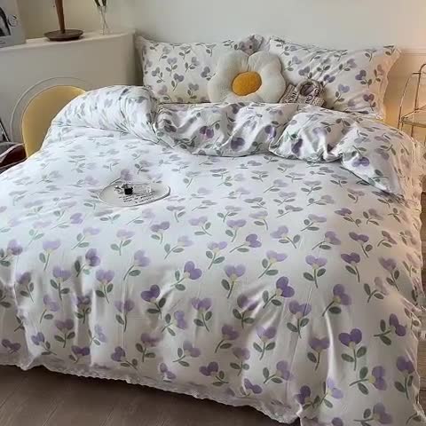 91家纺网 家纺一手货源 找家纺 一米阳光 2023秋季新款纯棉花边款四件套 紫爱