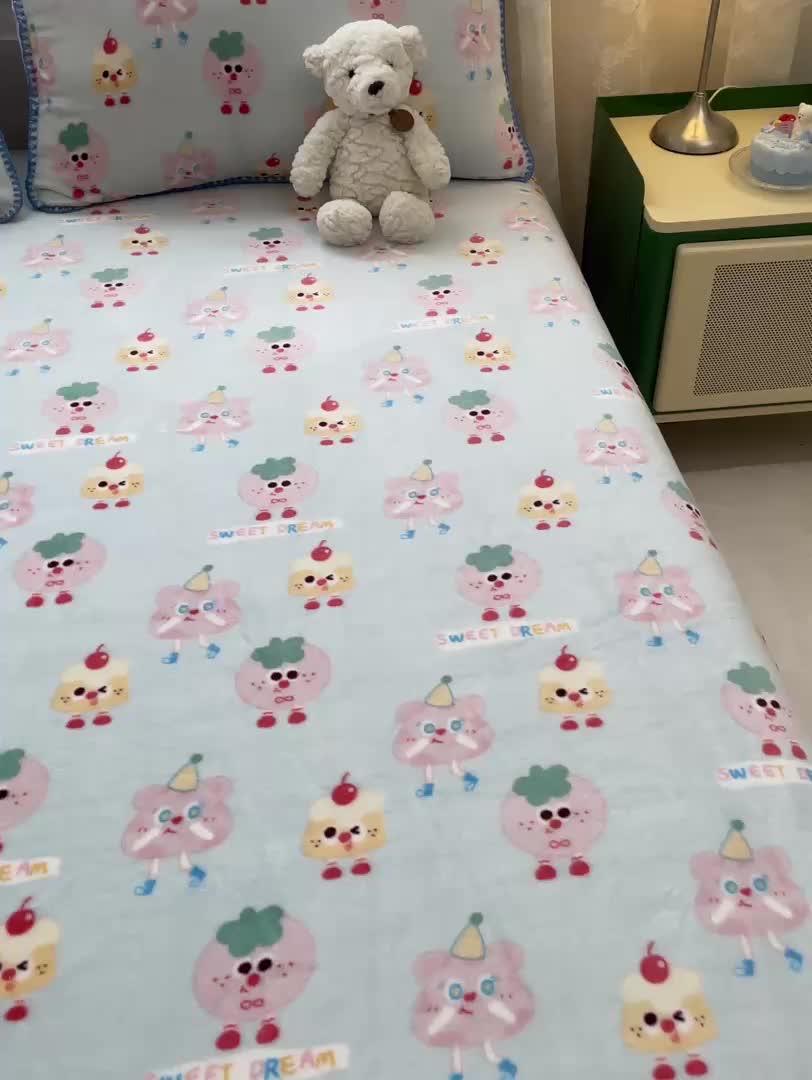 91家纺网 家纺一手货源 找家纺 安哆啦家纺 2024新款高克重牛奶绒印花单床笠 奶酪芝士