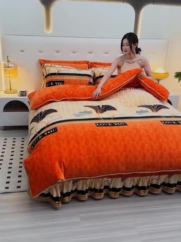 91家纺网 家纺一手货源 找家纺 芯诗曼2025新款8.5斤直播热款高克重牛奶绒法莱绒水晶金貂法莱绒四件套 三生有杏