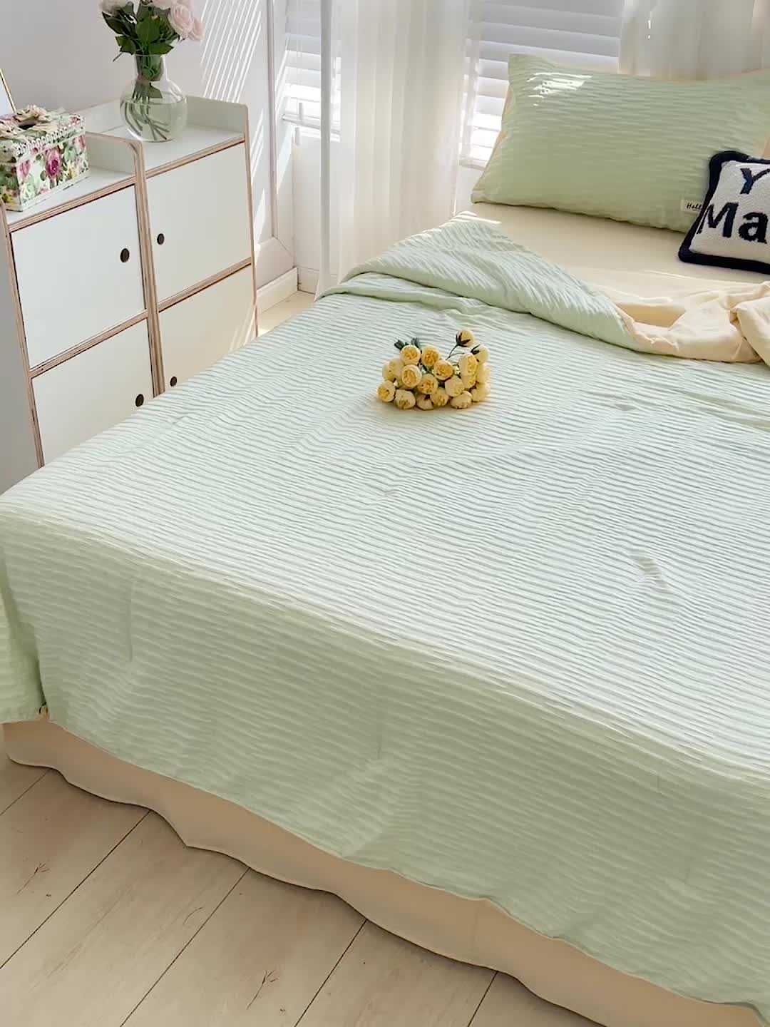 91家纺网 家纺一手货源 找家纺 暖芯优选 2023新款韩版泡泡纱水洗棉拼色床单夏被四件套 芥末绿