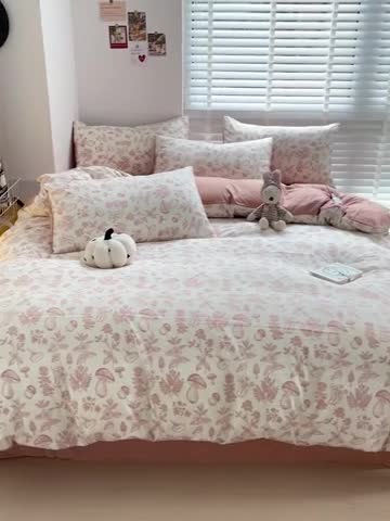 91家纺网 家纺一手货源 找家纺 暖芯优选2023新款超柔有氧小竺提花棉双层纱学生四件套 蘑菇森林