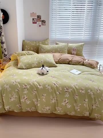 91家纺网 家纺一手货源 找家纺 暖芯优选2023新款超柔有氧小竺提花棉双层纱学生四件套 绿萝