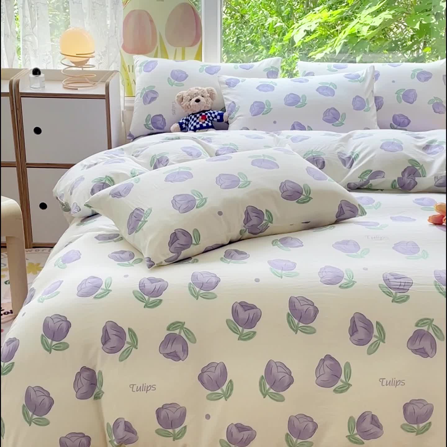 91家纺网 家纺一手货源 找家纺 暖芯优选 2023直播热款超柔水洗棉双层纱四件套 郁金香