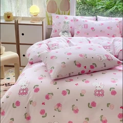 91家纺网 家纺一手货源 找家纺 暖芯优选 2023直播热款超柔水洗棉双层纱四件套 可爱兔