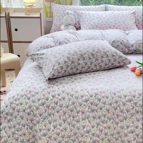 91家纺网 家纺一手货源 找家纺 暖芯优选 2023直播热款超柔水洗棉双层纱四件套 花丛兔