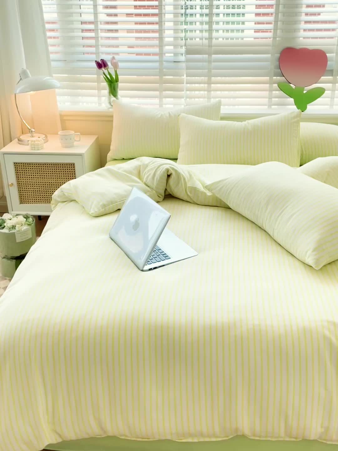 91家纺网 家纺一手货源 找家纺 暖芯优选 2023直播无印风双层纱棉麻水洗棉麻四件套竖条纹荧光绿条