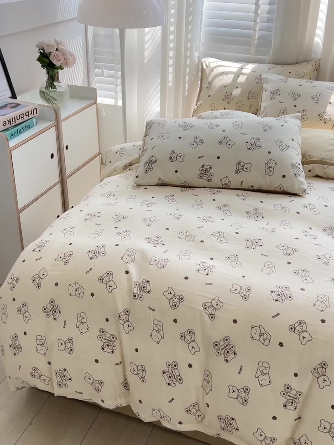 91家纺网 家纺一手货源 找家纺 暖芯优选 2023直播新款法式风双层纱棉麻水洗棉四件套 小熊院长