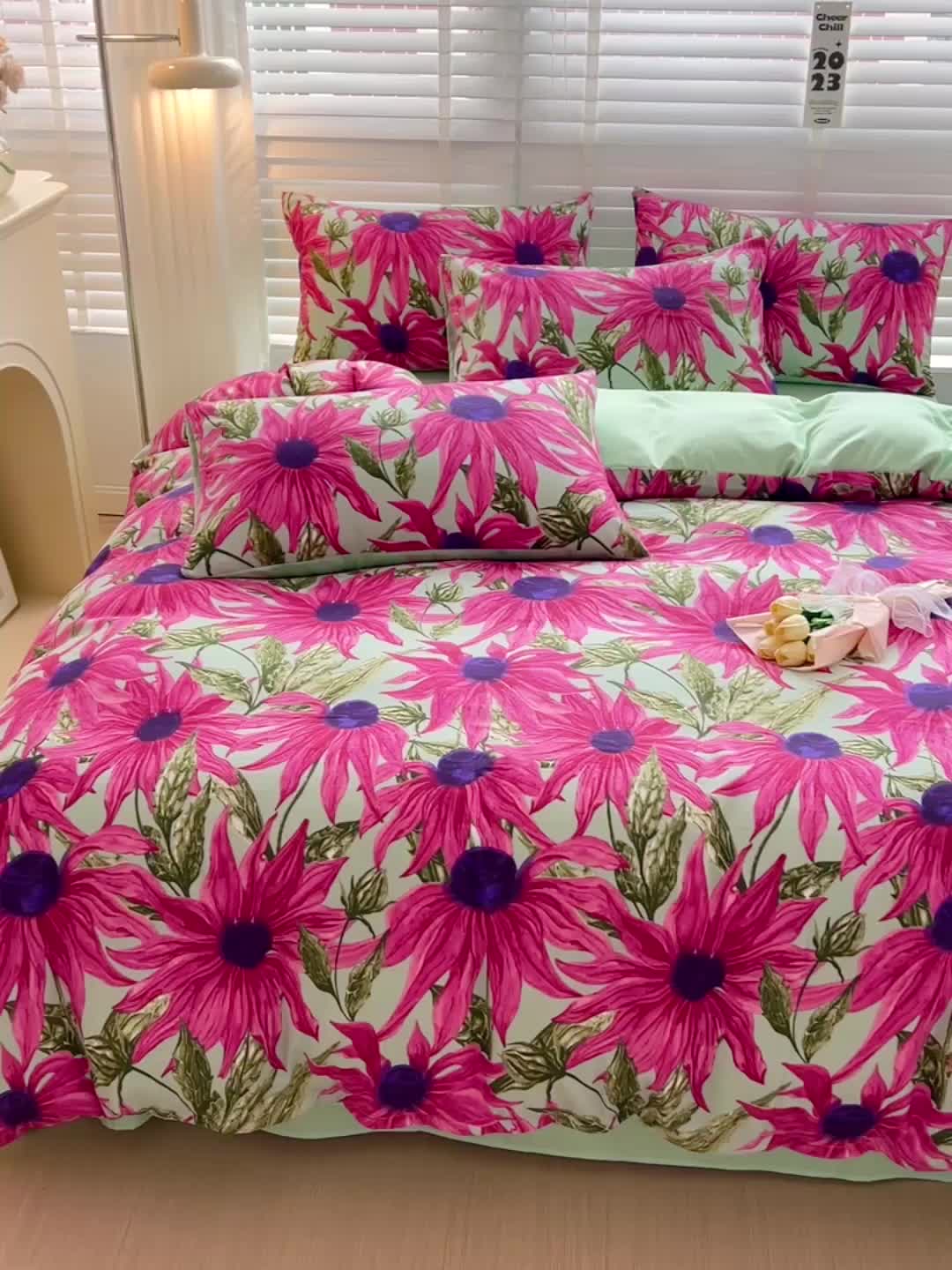 91家纺网 家纺一手货源 找家纺 暖芯优选 2023直播新款法式风双层纱棉麻水洗棉四件套 繁花似锦