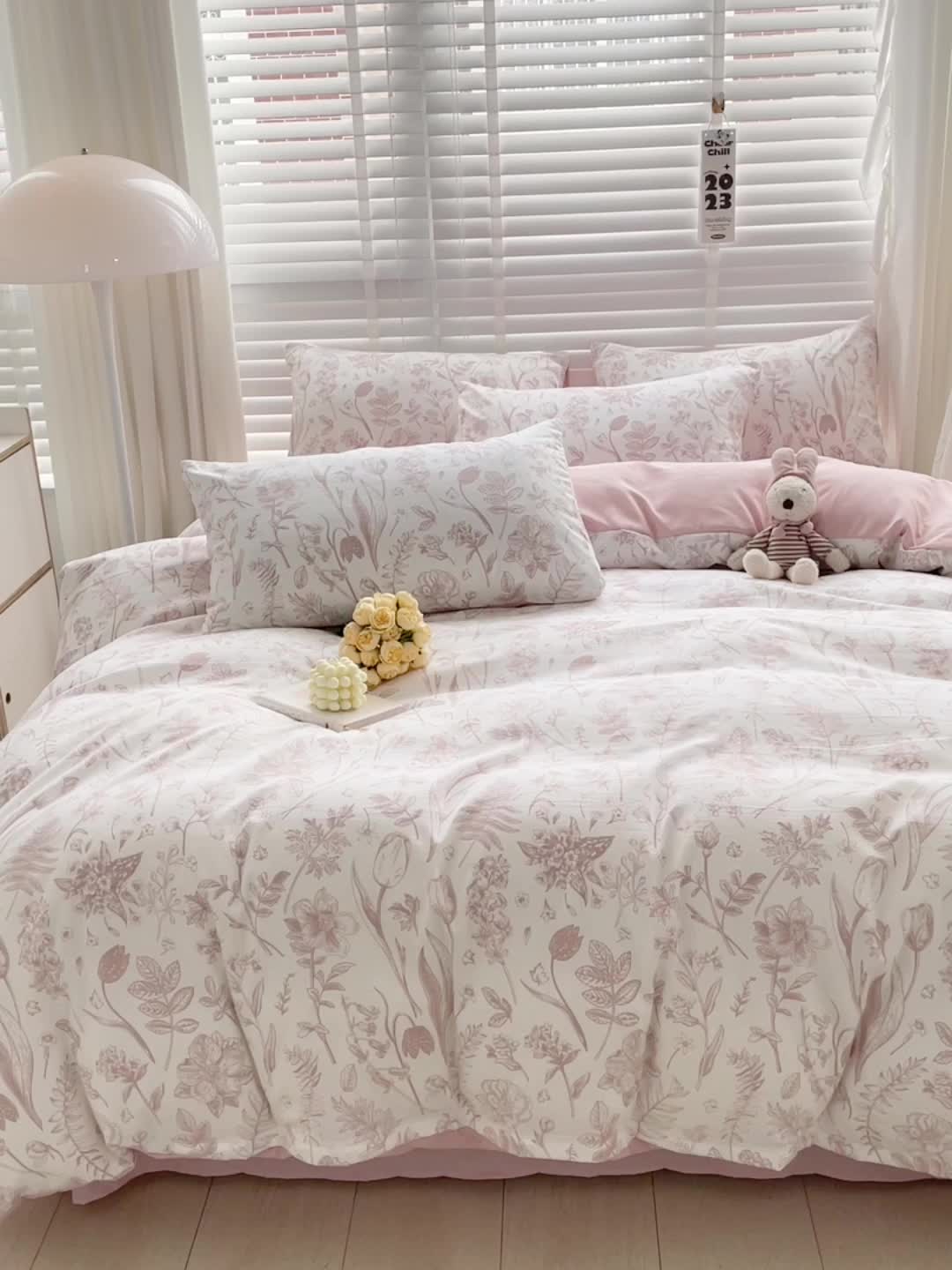 91家纺网 家纺一手货源 找家纺 暖芯优选 2023直播新款法式风双层纱棉麻水洗棉四件套 曼芮粉