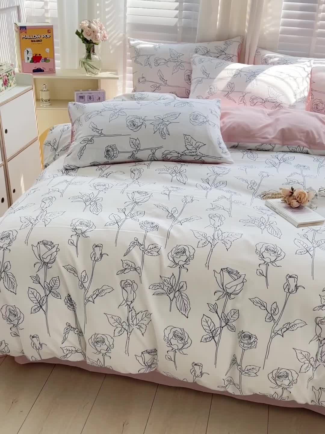 91家纺网 家纺一手货源 找家纺 暖芯优选 2023直播新款法式风双层纱棉麻水洗棉四件套 兰玫瑰