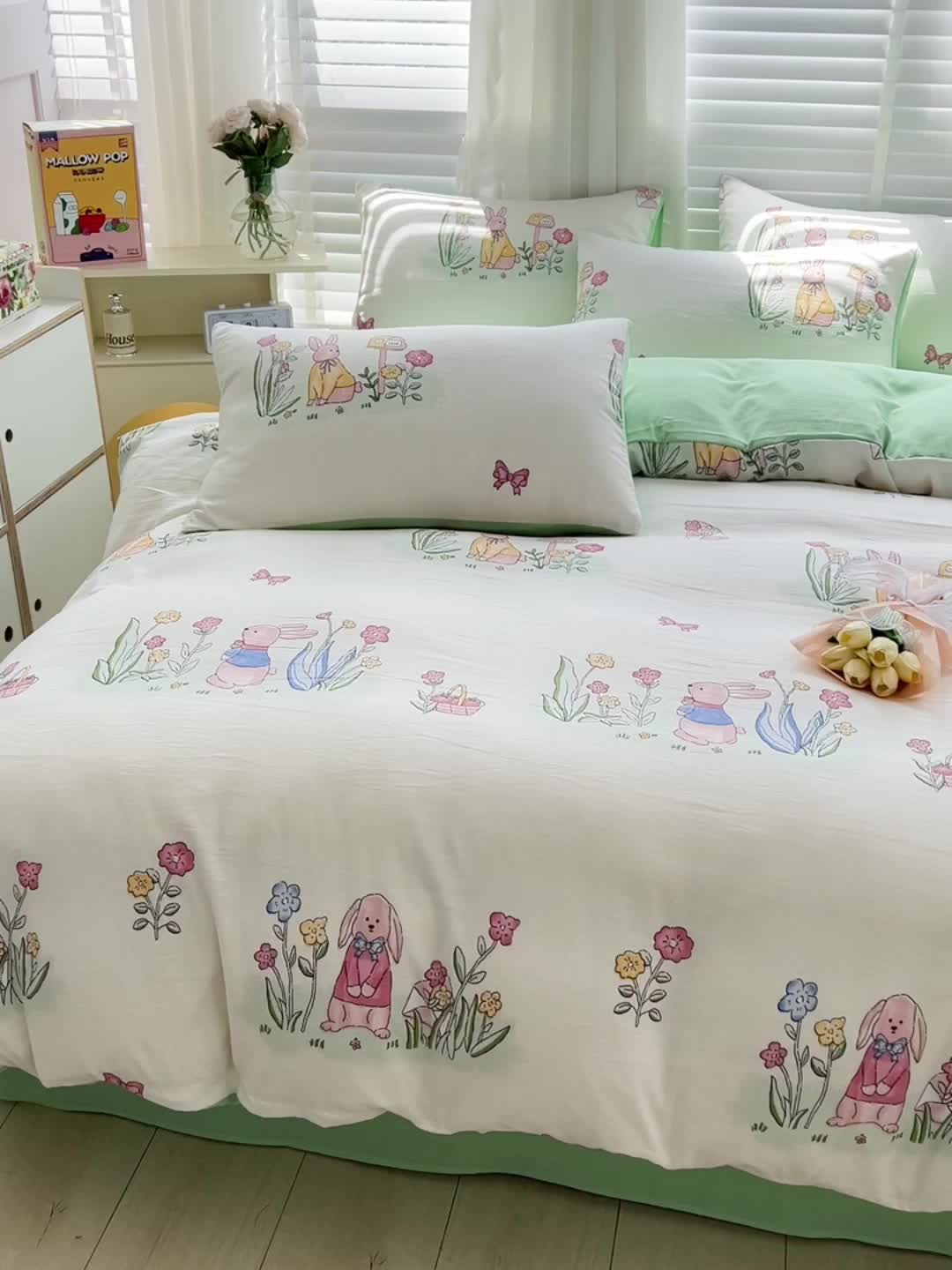 91家纺网 家纺一手货源 找家纺 暖芯优选 2023直播新款法式风双层纱棉麻水洗棉四件套 花园兔