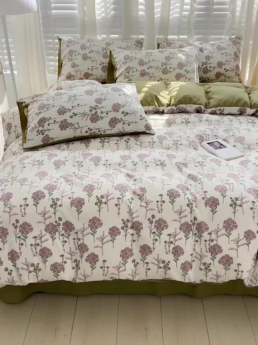 91家纺网 家纺一手货源 找家纺 暖芯优选 2023直播新款法式风双层纱棉麻水洗棉四件套 花季-绿