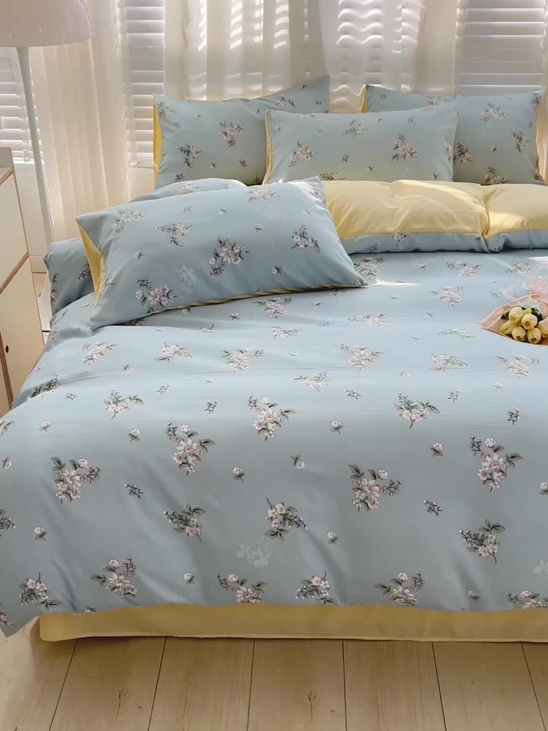 91家纺网 家纺一手货源 找家纺 暖芯优选 2023直播新款法式风双层纱棉麻水洗棉四件套 清欢-蓝