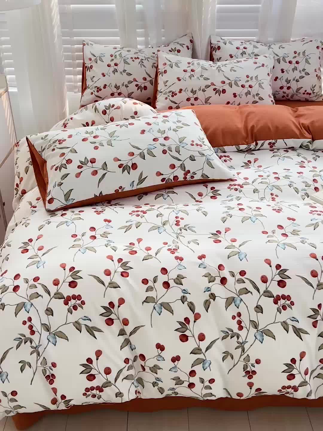 91家纺网 家纺一手货源 找家纺 暖芯优选 2023直播新款法式风双层纱棉麻水洗棉四件套 枇杷树