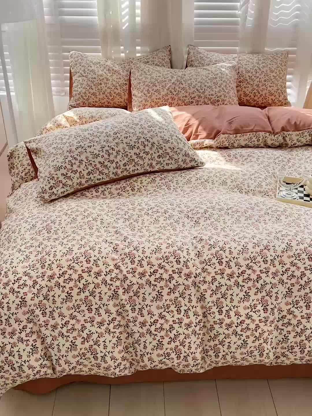 91家纺网 家纺一手货源 找家纺 暖芯优选 2023直播新款法式风双层纱棉麻水洗棉四件套 玫瑰园