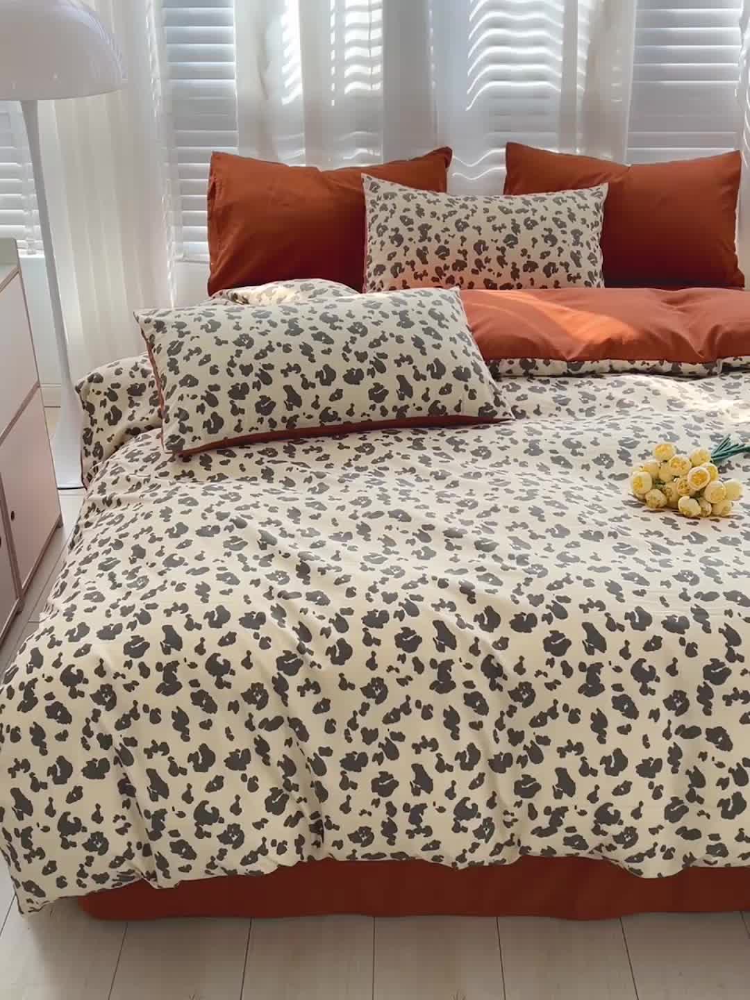 91家纺网 家纺一手货源 找家纺 暖芯优选 2023直播新款法式风双层纱棉麻水洗棉四件套 简约豹纹