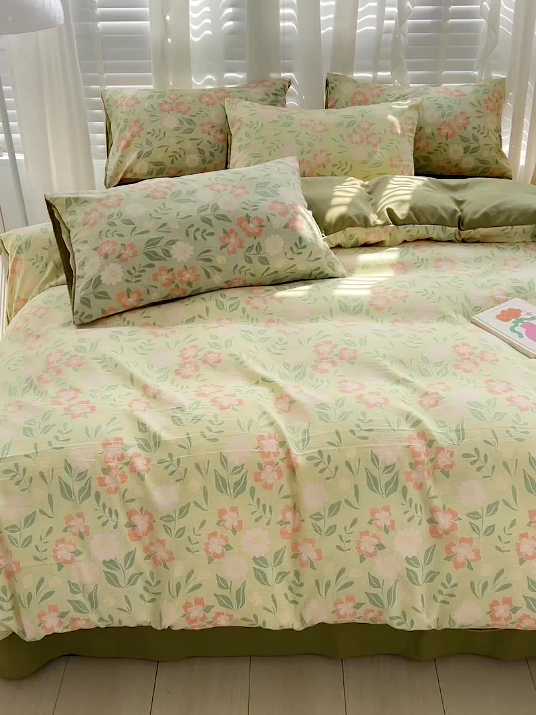 91家纺网 家纺一手货源 找家纺 暖芯优选 2023直播新款法式风双层纱棉麻水洗棉四件套 花开半夏