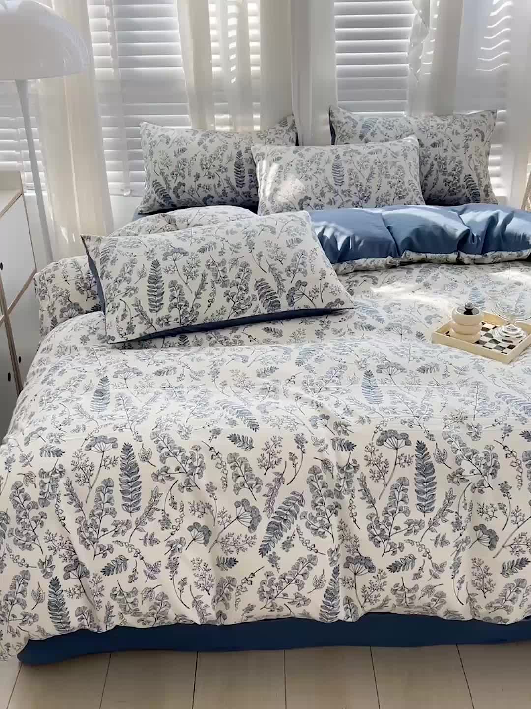 91家纺网 家纺一手货源 找家纺 暖芯优选 2023直播新款法式风双层纱棉麻水洗棉四件套 花季