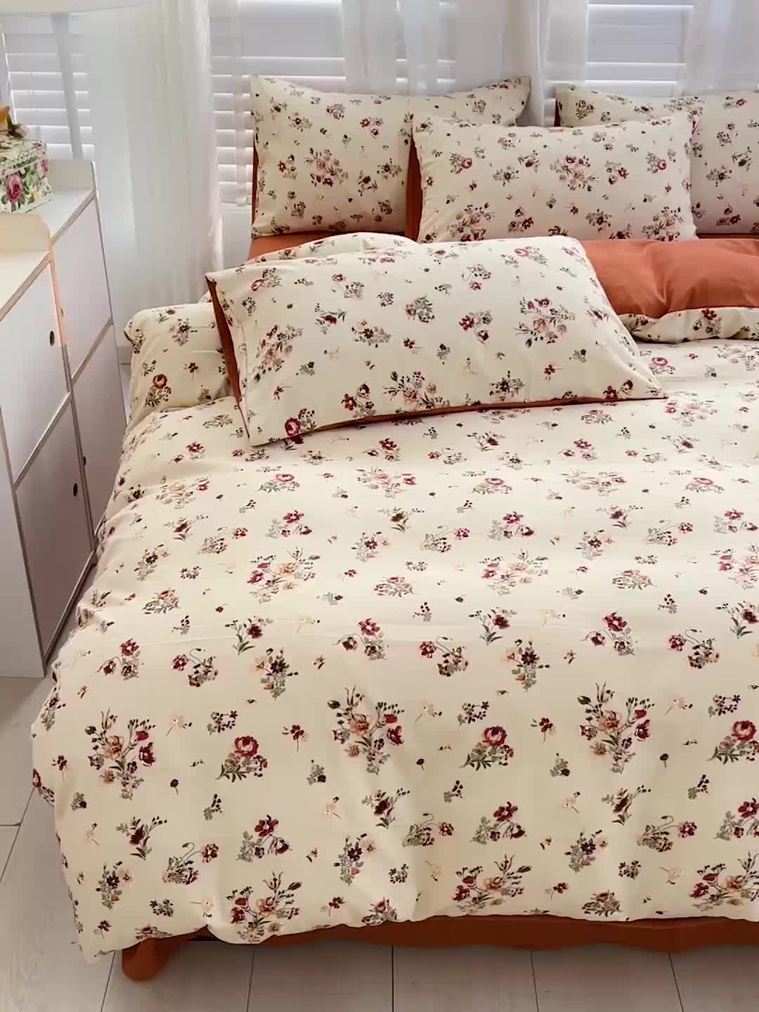 91家纺网 家纺一手货源 找家纺 暖芯优选 2023直播新款法式风双层纱棉麻水洗棉四件套 朝颜