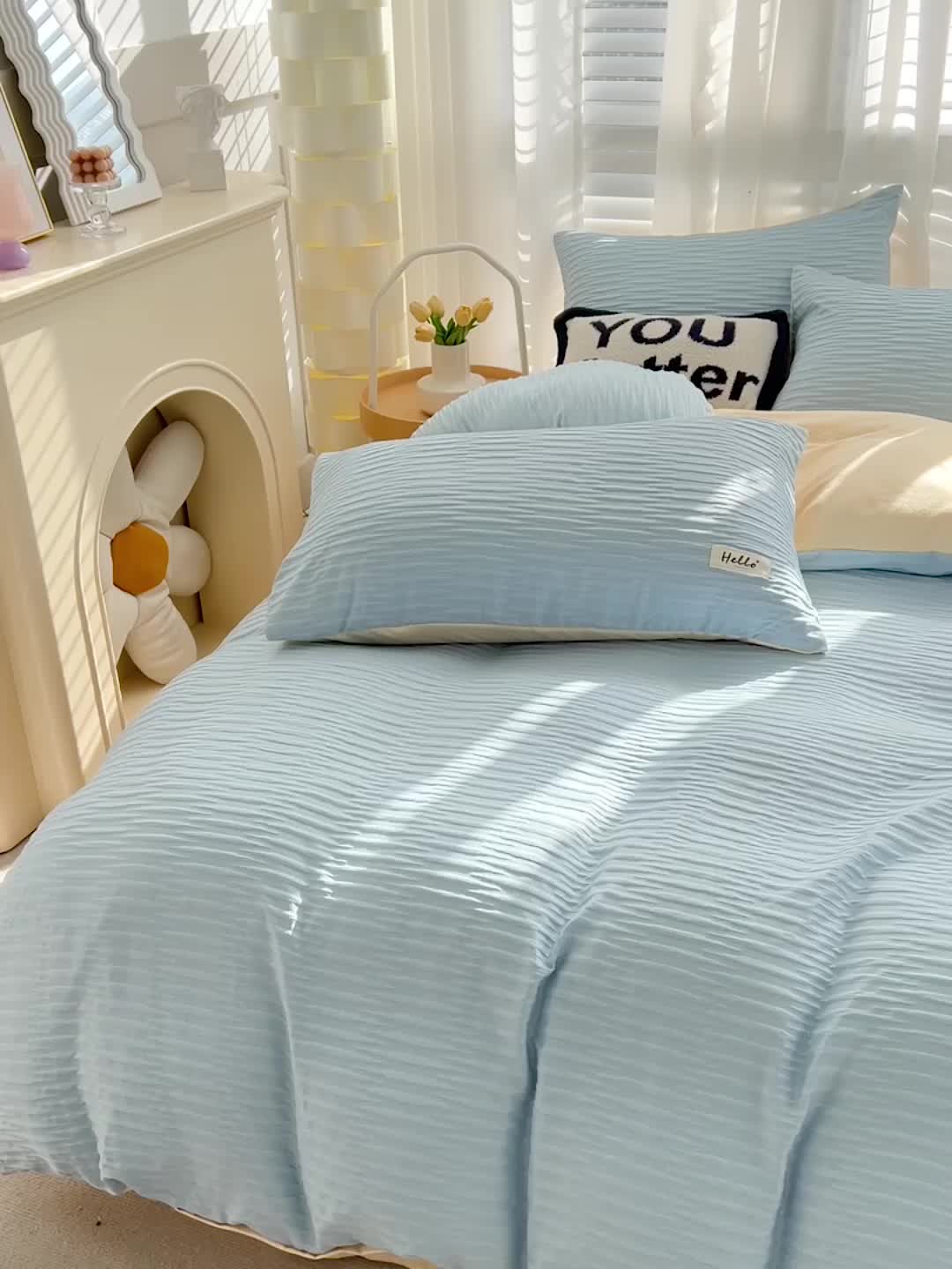 91家纺网 家纺一手货源 找家纺 暖芯优选 2023新款韩版泡泡纱水洗棉拼色床单床笠四件套 天蓝玉