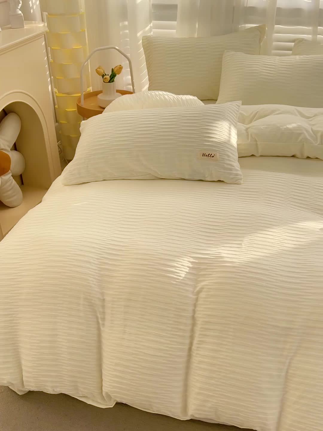 91家纺网 家纺一手货源 找家纺 暖芯优选 2023新款韩版泡泡纱水洗棉拼色床单床笠四件套 奶昔白