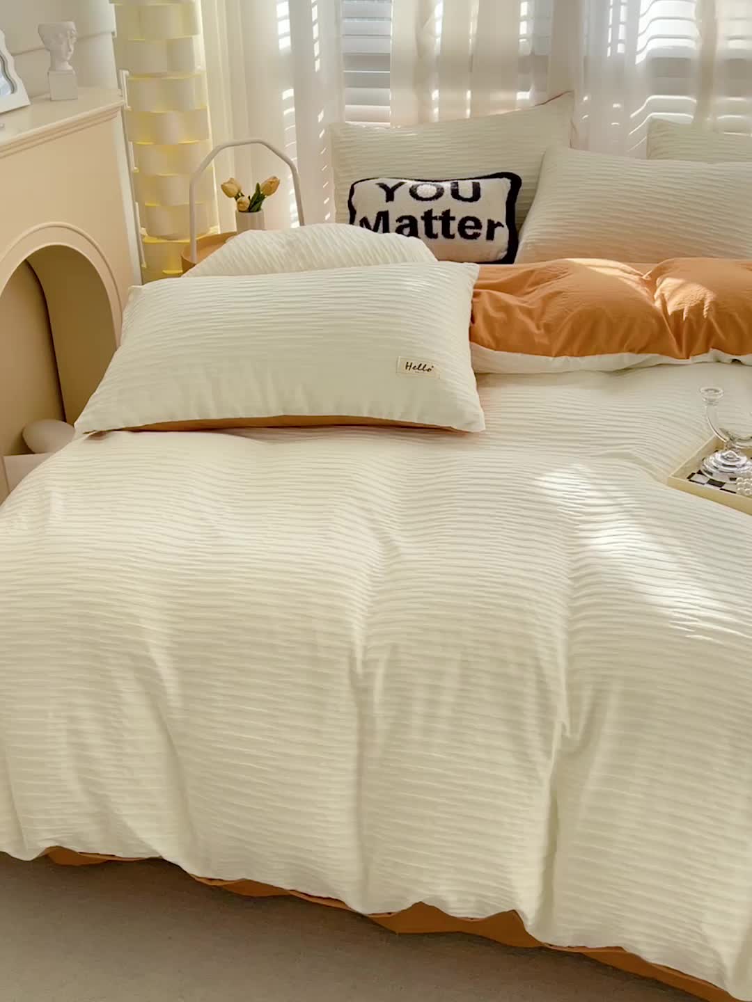 91家纺网 家纺一手货源 找家纺 暖芯优选 2023新款韩版泡泡纱水洗棉拼色床单床笠四件套 米白橙