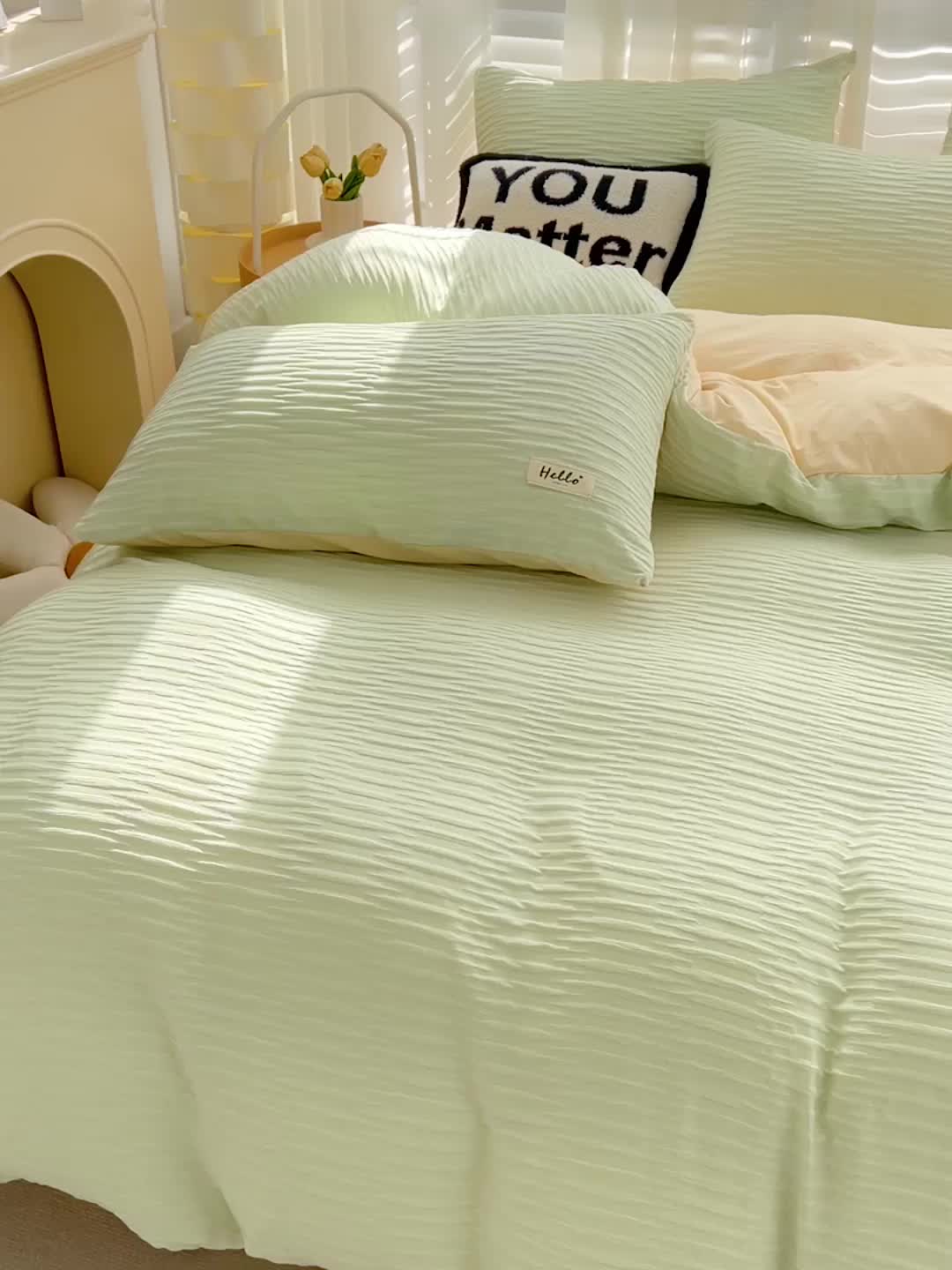 91家纺网 家纺一手货源 找家纺 暖芯优选 2023新款韩版泡泡纱水洗棉拼色床单床笠四件套 芥末绿