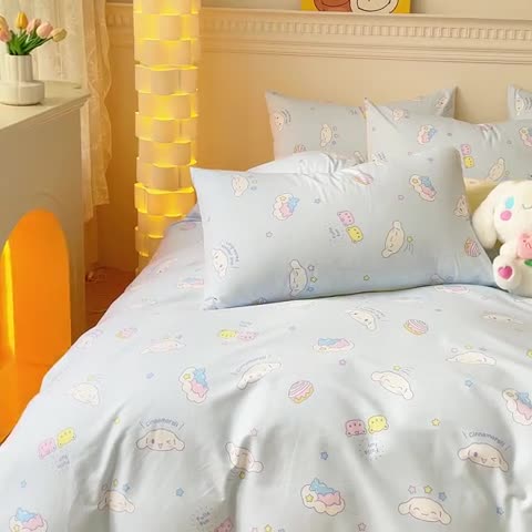 91家纺网 家纺一手货源 找家纺 金丝鸟家纺 2023新款全棉印花三利欧库洛米系列四件套 白云狗