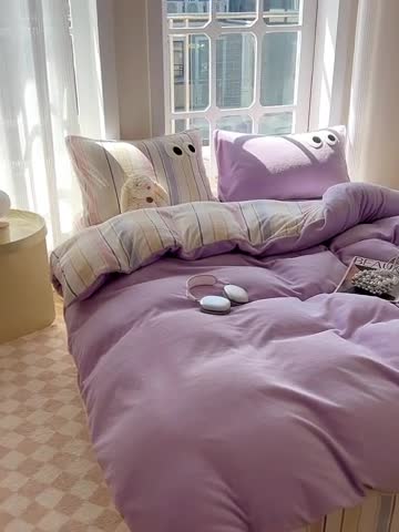 91家纺网 家纺一手货源 找家纺 慕尚家纺 2025新款牛奶绒大眼睛系列四件套 露娜风铃紫