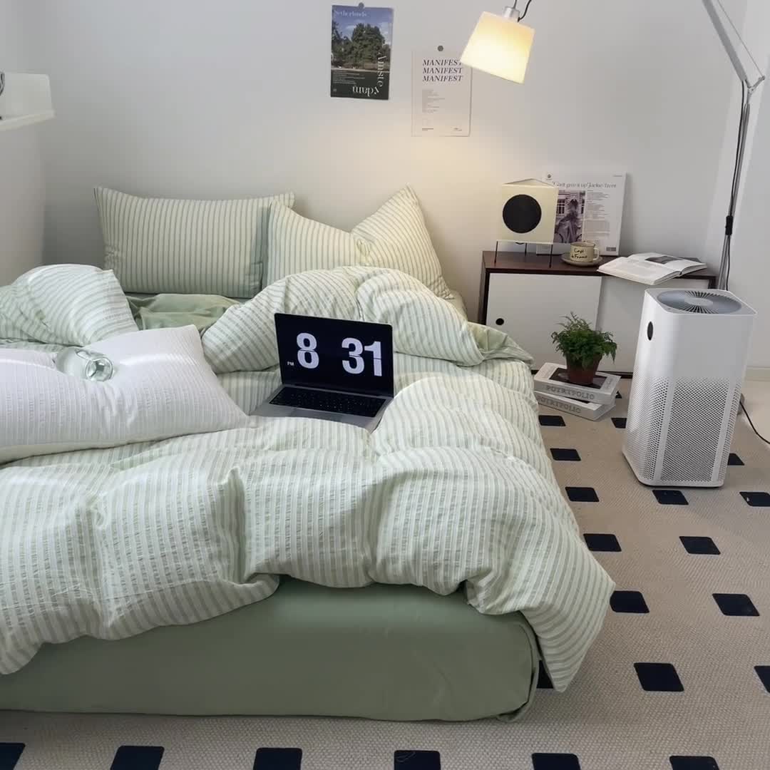 91家纺网 家纺一手货源 找家纺 怡家居 2023新款色织棉麻提花加绒四件套 锦瑟-浅绿