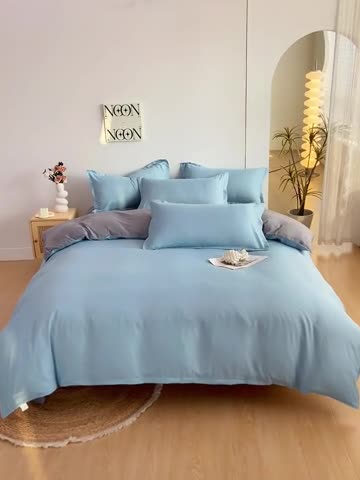 91家纺网 家纺一手货源 找家纺 楠沐 2025年新款纯色双拼水洗棉柔感四件套 水蓝+银灰