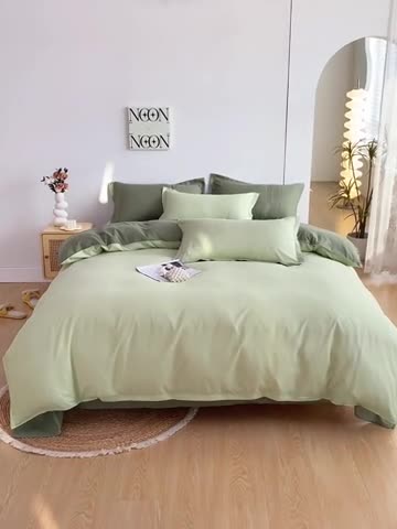 91家纺网 家纺一手货源 找家纺 楠沐 2025年新款纯色双拼水洗棉柔感四件套 奶绿+深绿