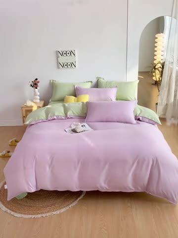 91家纺网 家纺一手货源 找家纺 楠沐 2025年新款纯色双拼水洗棉柔感四件套 奶粉色+泡泡绿