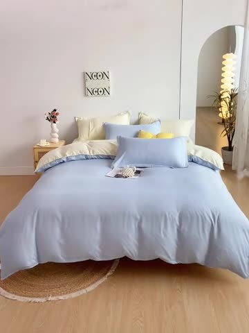 91家纺网 家纺一手货源 找家纺 楠沐 2025年新款纯色双拼水洗棉柔感四件套 米黄+浅蓝