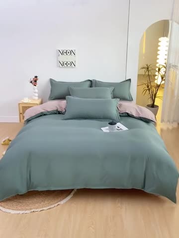 91家纺网 家纺一手货源 找家纺 楠沐 2025年新款纯色双拼水洗棉柔感四件套 军绿+浅驼