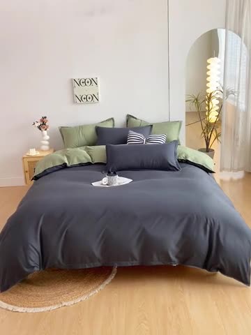 91家纺网 家纺一手货源 找家纺 楠沐 2025年新款纯色双拼水洗棉柔感四件套 果绿+耀夜黑