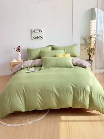 91家纺网 家纺一手货源 找家纺 楠沐 2025年新款纯色双拼水洗棉柔感四件套 果绿+浅驼