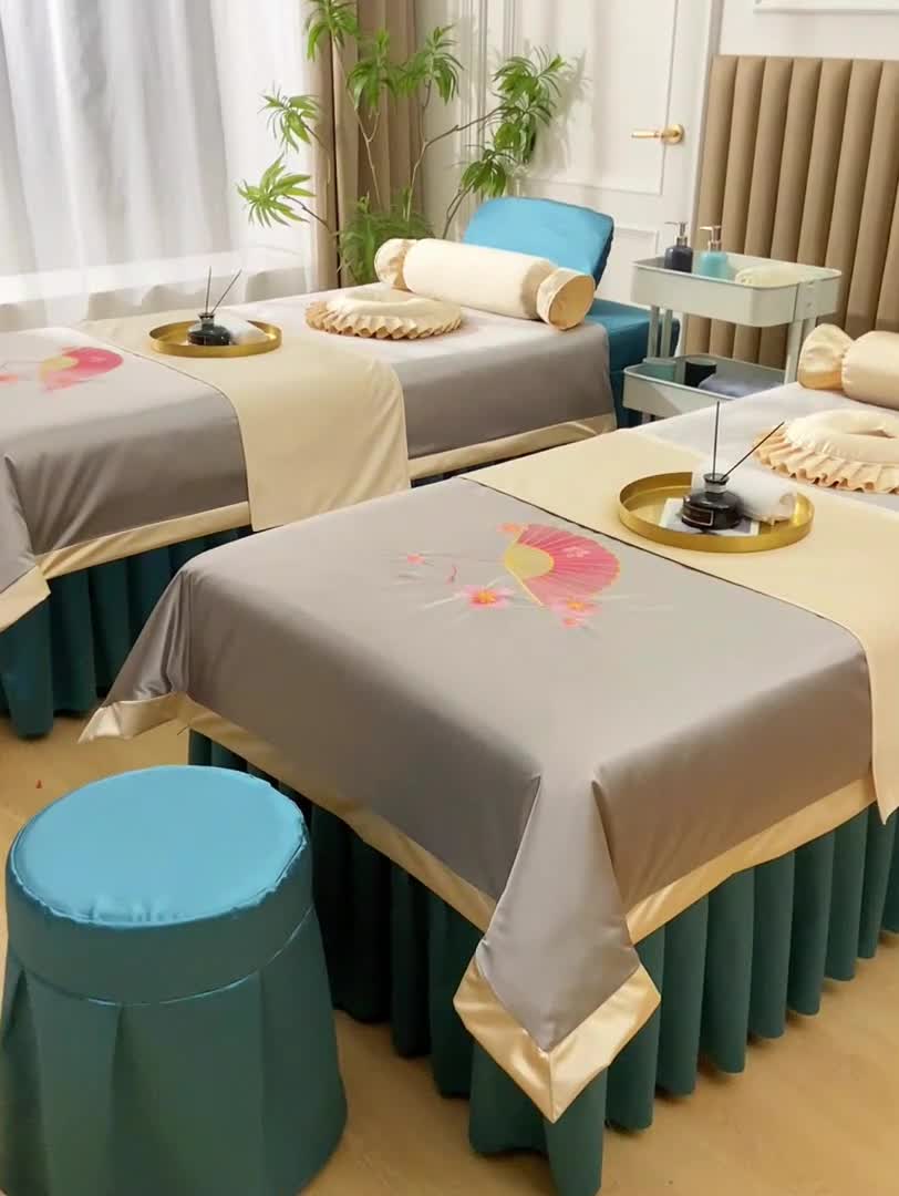 91家纺网 家纺一手货源 找家纺 不打烊 2023新款冰丝美容床罩系列套件—扇子款（此款控价188） 扇子款灰+孔雀蓝 被套灰色