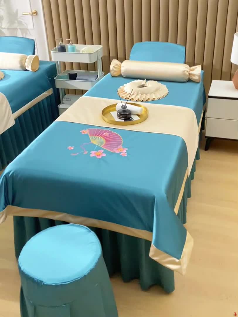 91家纺网 家纺一手货源 找家纺 不打烊 2023新款冰丝美容床罩系列套件—扇子款（此款控价188） 扇子款孔雀蓝