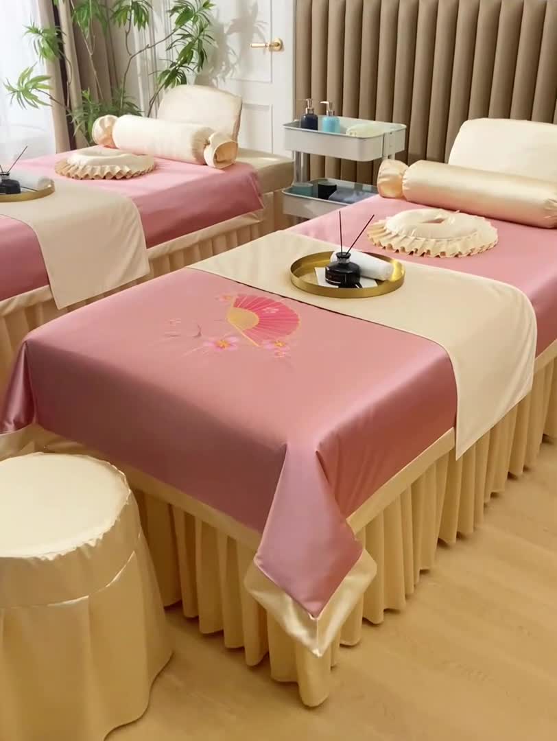 91家纺网 家纺一手货源 找家纺 不打烊 2023新款冰丝美容床罩系列套件—扇子款（此款控价188） 扇子款玉+香槟金 被套玉色