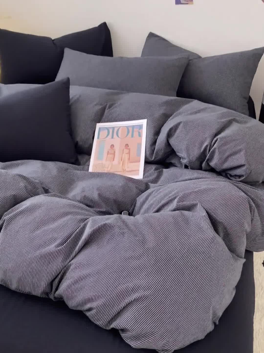 91家纺网 家纺一手货源 找家纺 柠萌家居 2023新款全棉色织暗黑黑色条纹四件套 黑极细条