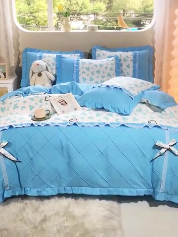 91家纺网 家纺一手货源 找家纺 靓生活 2023新款贡棉浪漫花边印花四件套 卡萌-钛白