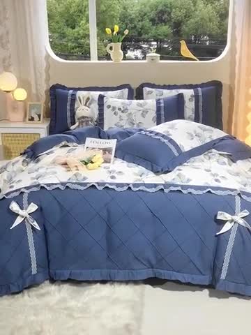 91家纺网 家纺一手货源 找家纺 靓生活 2023新款贡棉浪漫花边印花四件套 澜叶-珍珠白