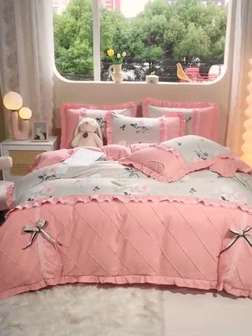 91家纺网 家纺一手货源 找家纺 靓生活 2023新款贡棉浪漫花边印花四件套 洛阳花开-米驼