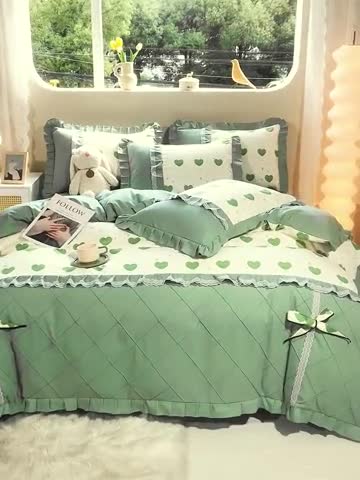 91家纺网 家纺一手货源 找家纺 靓生活 2023新款贡棉浪漫花边印花四件套 米可-苹果绿