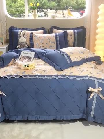 91家纺网 家纺一手货源 找家纺 靓生活 2023新款贡棉浪漫花边印花四件套 莫颜-浅驼