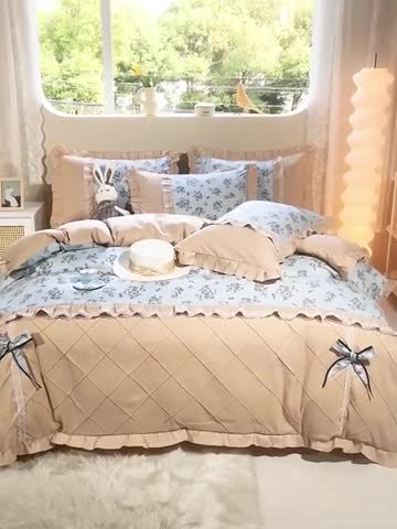 91家纺网 家纺一手货源 找家纺 靓生活 2023新款贡棉浪漫花边印花四件套 苏雅-天空蓝