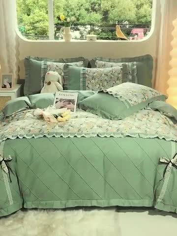 91家纺网 家纺一手货源 找家纺 靓生活 2023新款贡棉浪漫花边印花四件套 香草集-灰绿