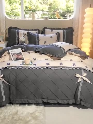 91家纺网 家纺一手货源 找家纺 靓生活 2023新款贡棉浪漫花边印花四件套 幸运草-米驼